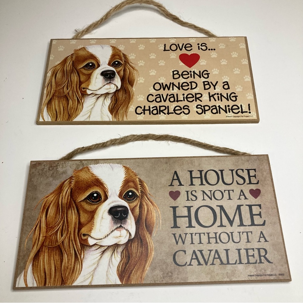 SJT Two Cavalier King Charles Spaniel Dog Signs 10"x5" House Home Spoiled Love